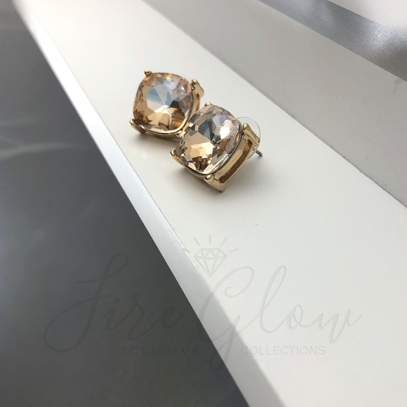 Glass Cushion Cut Champagne Post Earrings - Picture 3 of 10